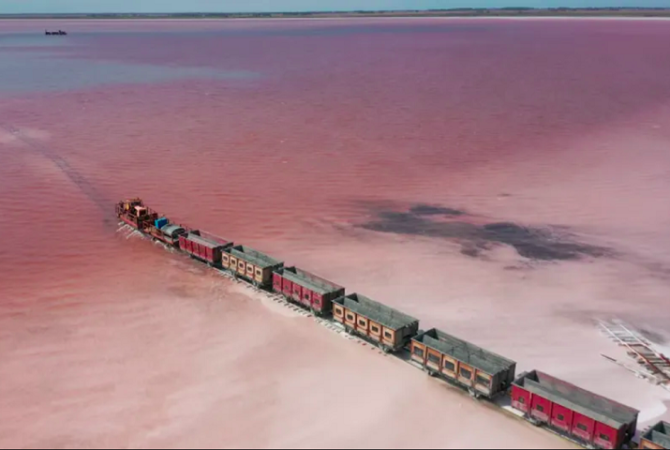 Tren “camina” sobre lago rosa y deleita a turistas en Rusia